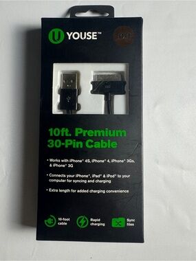 🔌 NWT! 10ft Premium 30-Pin Cable for Retro iPhone/iPad/iPod 📱✨
